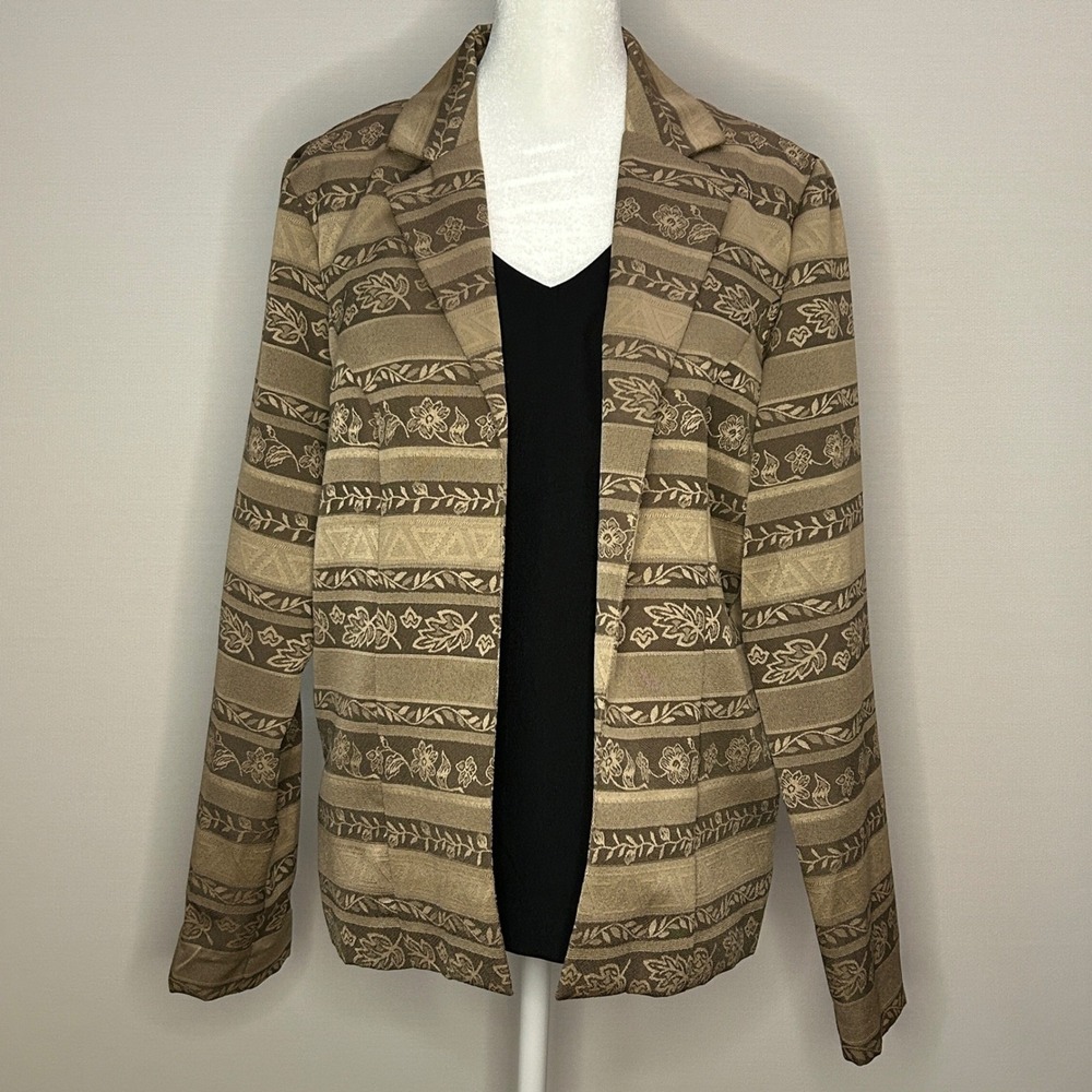 Kari New York 2PC Blazer Tank Set Brown Floral Leaf Stripe 8 Fall Autumn Layer